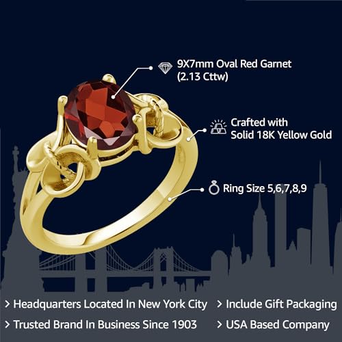 Gem Stone King 18K Yellow Gold Plated Silver Red Garnet Engagement Ring For Women (2.13 Cttw, Oval 9X7MM, Gemstone Birthstone, Size 7)2