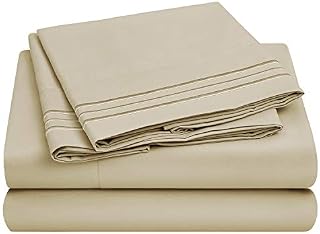 HOMEIDEAS 4 Piece 3-Line Embossed Bed Sheets Set Extra Soft Brushed Microfiber 1800 Bedding Sheets Deep Pocket, Wrinkle & Fade Free (Double, Cream)