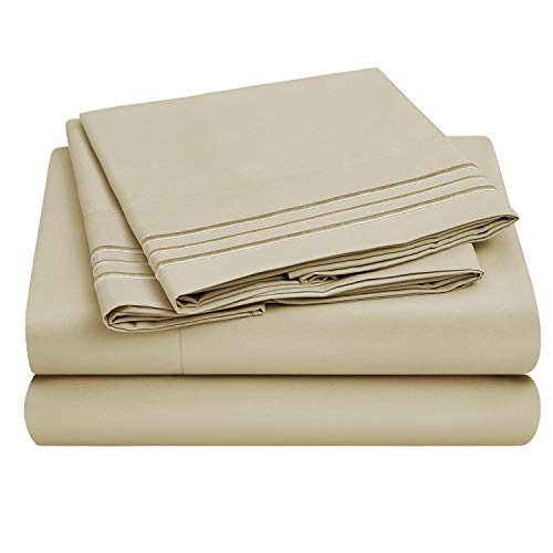 HOMEIDEAS 4 Piece 3-Line Embossed Bed Sheets Set Extra Soft Brushed Microfiber 1800 Bedding Sheets Deep Pocket, Wrinkle & Fade Free (Super King, Cream)