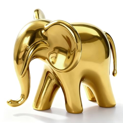 Jubiluxor Elephant Figurine, Ceramic Elephant Statue with Metallic Mirror Finish, Modern Shelf & Table Decor, Good Luck Housewarming Gift for Living Room or Office (Male, Gold)