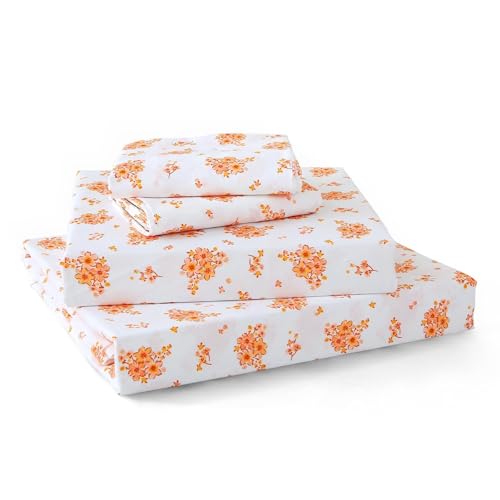 Image of MUXHOMO Queen Size 4 Piece Sheet Set, Soft & Breathable Sheet Set for Bedroom with Deep Pocket Up To 16 inch, Wrinkle-Free & Cooling Bed Sheet with Flat Sheet, Fitted Sheet & Pillowcases - Blossoms Orange