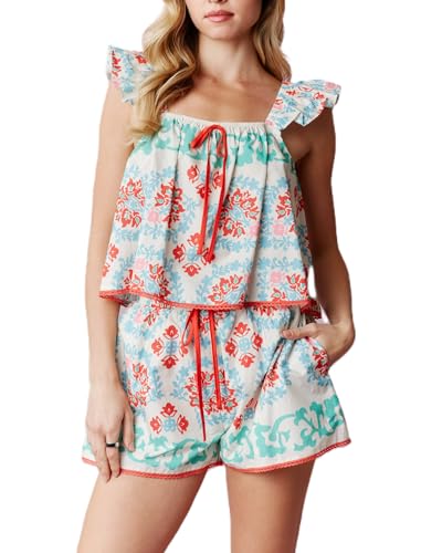 Image of ROAONOCOMO Women Summer Floral Pajama Set Ruffle Trim Cami Top Coquette Pj Set Gingham Babydoll 2 Piece Shorts Outfit