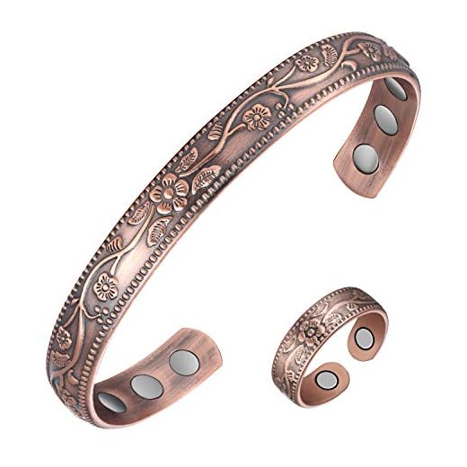 Jecanori Copper Magnetic Bracelet and Ring for Men Women Pain Relief for Arthritis and Carpal Tunnel Elegant Vintage Flower Magnetic Copper Bracelet with Strong Magnets Therapy Copper Ring