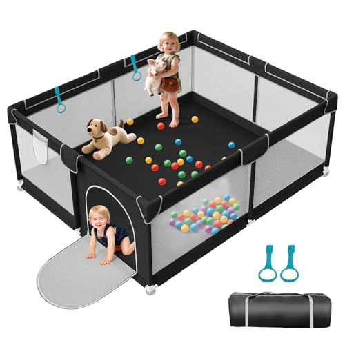 Image of 79x71in Playpen for Babies and Toddlers - Indoor and Outdoor Extra Large Baby Play Pen with Soft Breathable Mesh & External Zipper Door - Baby Play Yard with Bag& 2 Handles for Walking Playing, Black