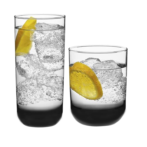 Image of Libbey Polaris Tumbler and Rocks Glass Cups Set, Smoke Hue Mixed Drink Glasses with Straight Lines, Lead-Free, Drinkware Set of 16 for all Beverages