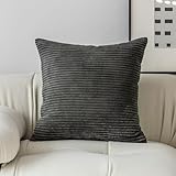 Demetex クッションカバー 45×45cm 1枚セット コーデュロイ ション おしゃれ 北欧 洗える ふわふわ 隠れるファスナー ストライプ ソファー用背当て 装飾枕カバー ダークグレー【カバーのみの販売】