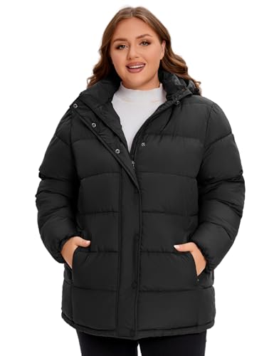WINDMILL Womens Plus Size Heavyweight Puffer Jacket, Warm Winter Coat with Hood, Black, 4X