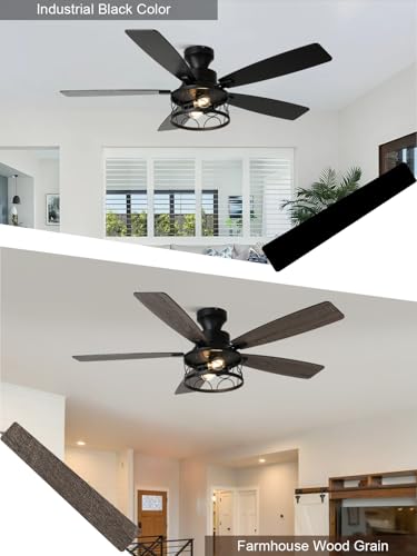 Image of 52 Inch Flush Mount Farmhouse Ceiling Fan with Lights and Remote | Rustic Fandelier Black Metal Caged Chandelier Fan, 5 Dual Blades, Reversible Quiet DC Motor 6 Speed, for Bedroom Living Room