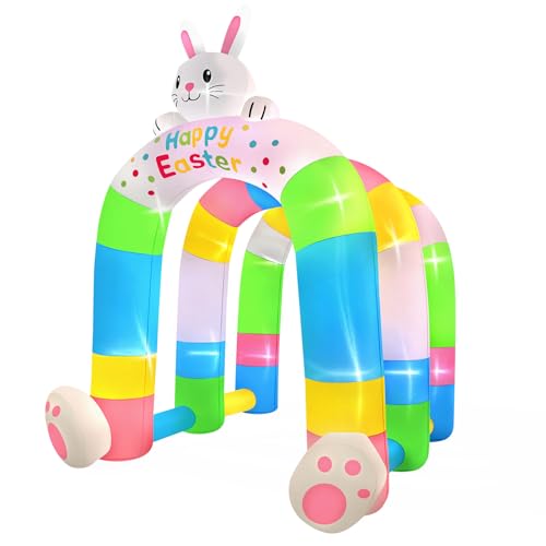 Kalolary Arche gonflable de Pâques de 3 m, décoration d'extérieur stéréoscopique en forme de lapin arc-en-ciel avec lumières LED intégrées, décoration de cour...