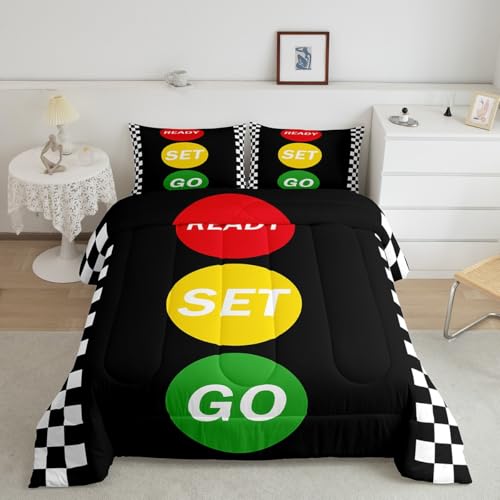 Image of Feelyou Kids Checkered Flags Comforter Set Full Size, Race Sports Bedding Set Karting Road Duvet Insert Boys Girls Teens Bedroom Decor Bed Set 3Pcs