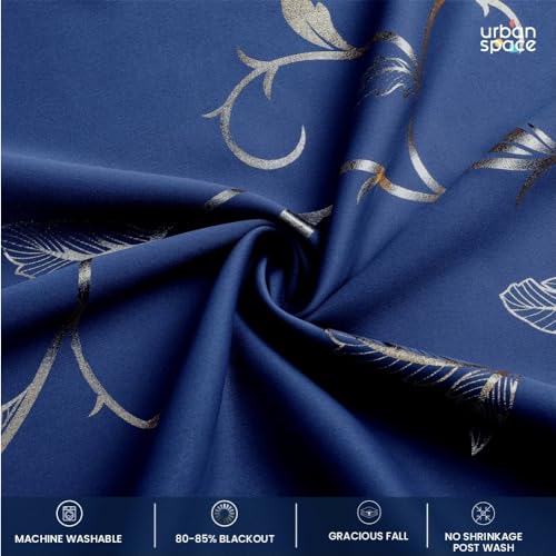Image of Urban Space 80-85% True Blackout Curtains for Window, Gold Foil Printed Blackout Curtains, Decorative Window Curtain Eyelet with Tieback, 1 Piece Curtain for Living Room(Floral Vine N Blue, 5 Feet)