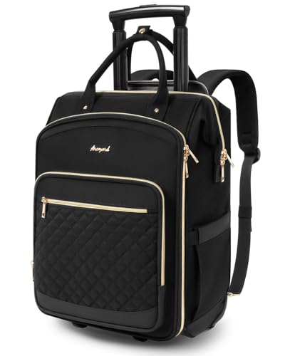 Rolling Backpack for Women, Travel Backpack with Wheels, Vertical Storage Wheeled Laptop Backpack, Overnight Underseat Carry on Luggage for College Business Work, Stylish Rolling Laptop Bag, Black