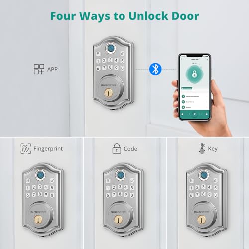 Image of AkaGear DS10 Pro Keyless Entry Door Lock Deadbolt with Handle Set, Smart Front Door Locks Set, Electronic Keypad, Fingerprint Door Lock, Bluetooth, Auto-Lock, APP Control, Code Unlock, Satin Nickel