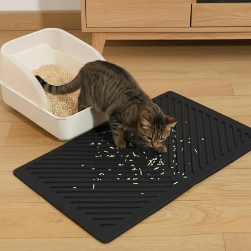Conlun Silicone Cat Litter Mat 60x38cm, Rubber Urine & Waterproof Cat Litter Trapping Mat, Easy Cleaning, Non-Slip Kitty Tray Rug for Waste Control, Black