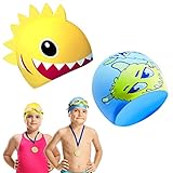 2 Stück Silikon Badekappe für Kinder, Hochwertig Dehnbar & Bequem Badekappe Kinder 3D Weich Dehnbar, rutschfeste Silikon Badekappen Geräumig, Einfach an- und Auszuziehen