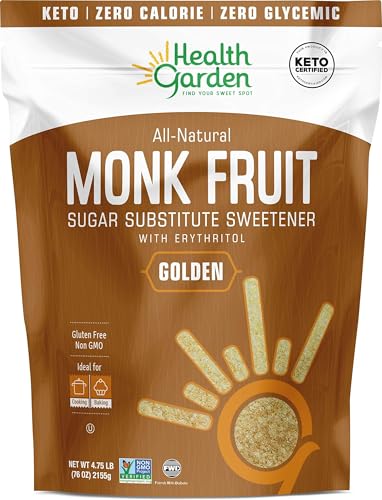 Health Garden Monk Fruit Sweetener, Golden- Non GMO - Gluten Free - 1:1 Sugar Substitute - Kosher - Keto Friendly (4.75 Lb)