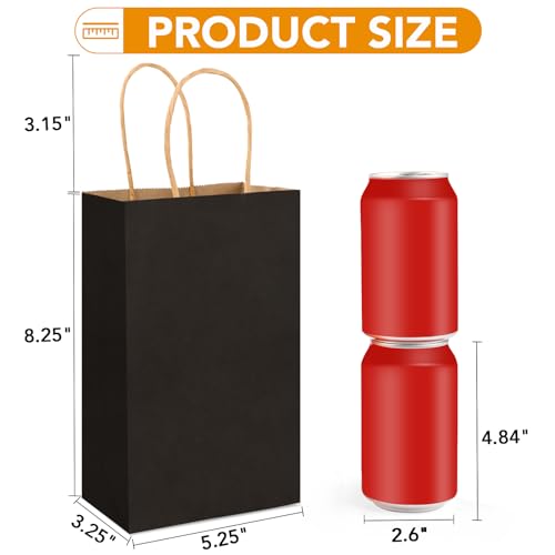 Image of XPCARE Black Paper Bags with Handles, 100Pcs 5.25x3.25x8.25'' Kraft Bags
