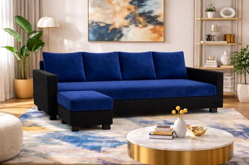 Image of SOCOZI Braven 5 Seater L Shape Sofa Set with Movable Ottoman | Flexible Layout | Soft Velvet Suede Fabric | Modern Design | Plush Comfort Cushions for Living Room (Dark Blue-Black)