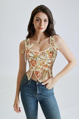 Image of SCARLET DARKNESS Corset Tops for Women Renaissance Costume Floral Lace Up Boned Bustier with Zip