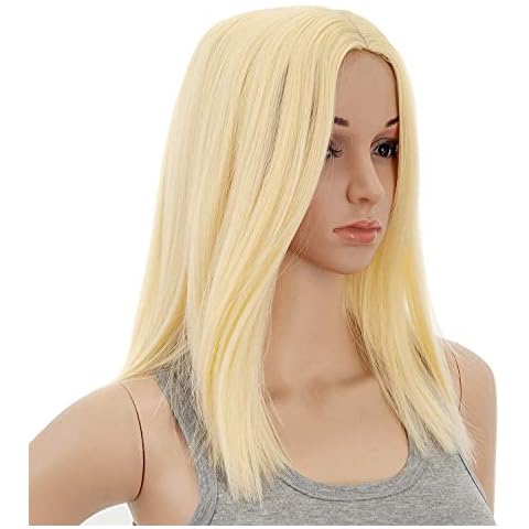 SWACC 14-Inch Short Straight Middle Part Hair Wig Medium Length Synthetic Heat Resistant Wigs for Women with Wig Cap (613 Blonde) Cover