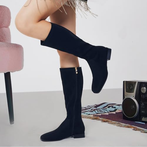 Image of GENSHUO Knee High Boots for Women Comfy Flat Heel Vintage Square Toe Fall Winter Solid Side Zipper Costume Knight Booties