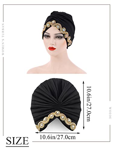 Woeoe Women African Turban Bling Rhinestones Beanie Cap Headwear Pre-Tied Crystal Head Wrap (Black) #TOP6