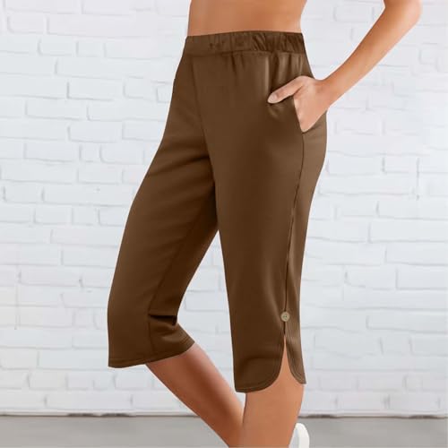 Women's Capri Pants Casual High Waisted Summer Pants Loose Solid Color Side Button Cropped Trousers with Pockets2