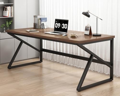 Image of HSH Large Home Office Desk, Modern Wood Metal Computer Desk for Two Person, Extra Long Executive Writing Study Gaming Double Desk Workstation, 70 Inch Rustic Bedroom Living Room Table for 2 Monitors