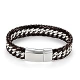 JewelryWe Schmuck Echtlederarmband Lederarmband Herren Echtleder Geflochten Armband Armreif Manschette mit Gravur Geschenke für Männer Braun Silber