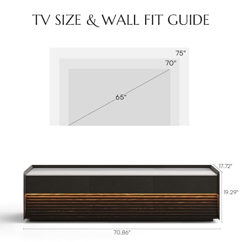 Image of POVISON Fully-Assembled Mid Century Glossy Sintered Stone TV Stand, 70.87 inch Wood Media Console with Adjustable LED Light, Entertainment Center with Storage for Living Room