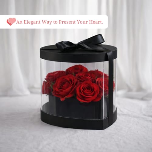 Image of Oasis Valentine's Day Display Heart Box With Clear Window And Ribbon | Bouquet Box for Flower Arrangements & Hampers | Romantic Valentine Gift for Girlfriend, Boyfriend, Husband & Wife | Premium Black Heart Gift Box