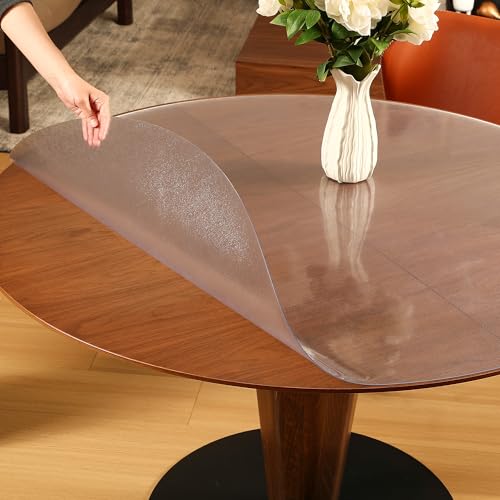 Image of ETECHMART Frosted Round Table Cover Protector 48'', 2.0mm Plastic Desk Mat | Waterproof, Non-Slip, Heat-Resistant, Anti-Scratch, Transparent Vinyl Table Pad for Dining Table Kitchen Office Desk Dresser