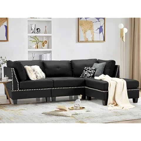 Esright 88.6” Convertible Sectional Sofa Couch with Ottoman, Modern Tufted Linen Fabric L-Shaped Couch with Reversible Chaise, Suitable for Office,Living Room and Hotel Lobby, Black Cover