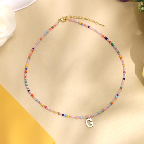 for Women Girls Letter PendantSummer Necklaces, Bohemian Beaded Necklace Colorful Beaded Initial Necklace Handmade Jewelry Gifts for Teens(G)3