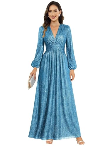 Image of Women's Formal Wedding Guest V Neck Glitter Sequins Mother of The Bride Dresses Long Sleeve