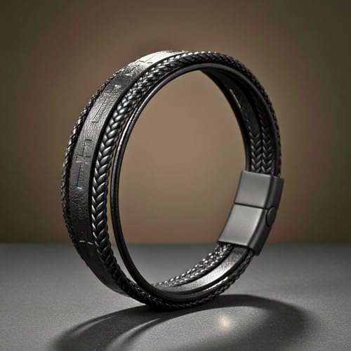 Image of THE MEN THING Leather Bracelet for Men - American Style Genuine Leather Multi-Layer Braided Bracelet with 100% Stainless Steel Magnetic Buckle for Men & Boys (8 inch)