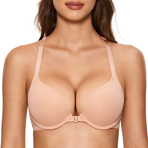 Image of DOBREVA Women's Push Up Bra Racerback Front Closure Bras Plunge Underwire Tshirt Padded Lace