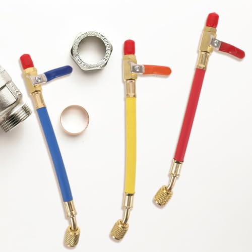 Válvulas de bola para manguera de carga de refrigeración Luxshiny, 3 piezas, resistentes a alta presión, herramientas para mantenimiento HVAC, rojas, amarillas y azules, para reparación y recarga eficiente de aire acondicionado miniatura 2