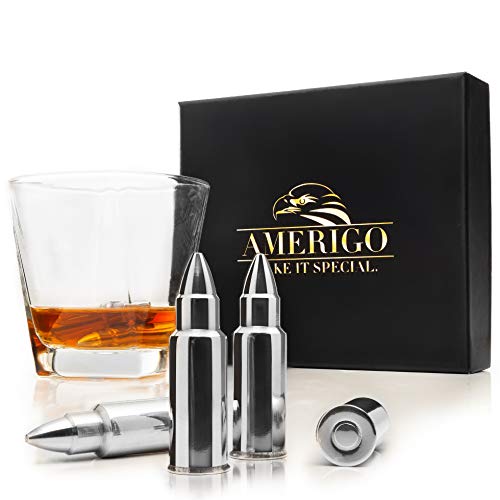 Amerigo Forma de Bala Whisky Piedras Set de Regalo de Acero Inoxidable - Alta Tecnología de Refrigeración - Whiskey Stones Bullet Gift Set - 6 Cubitos de Hielo Reutilizables para Whiskey + Pinzas