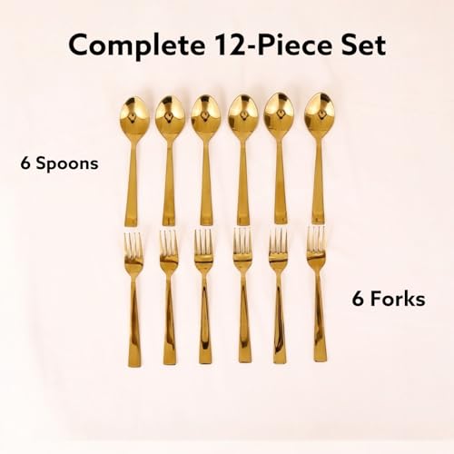 Image of Cutlery Set for Dining Table (Set of 12, Stainless Steel PVD Gold Spoons - 6 & Forks - 6), Kitchen Utensils, 100% Food Grade, Non-Toxic, Anti-Rust, Dishwasher Safe, Ideal Gifting Set