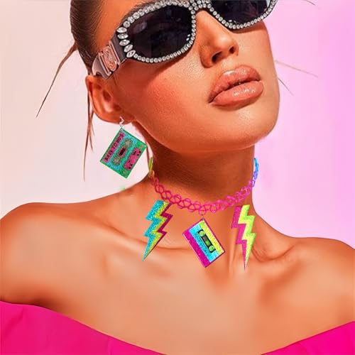 Hupplle 80s Neon Acrylic Jewelry Set Necklace and Earrings for Women 80s 90s Themed Party Accessories With Lightning Bolt Cassette Tape Pendant Retro Costume Jewelry4
