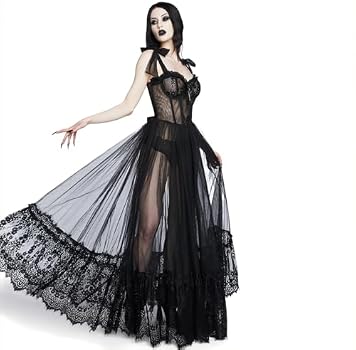 knee length dresses for ladies Widow Script Print Gothic Lace Bustier Long Sleeve Maxi Gown