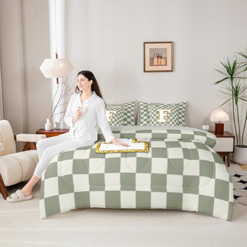 Image of Erosebridal Sage Green Checkered Full Bedding Set 7 Piece Plaid Initial F Bed in A Bag with Sheets Personalized Monogram Comforter Set for Kids Adults,Fashion Grids Gingham Bed Sets