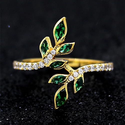 Yellow Gold Plated Vine Leaf Ring Simulated Emerald CZ Engagement Promise Wedding Ring for Women Jewelry3