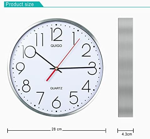 QUIGO® Wall Clock Kitchen Clock Silent Wall Clocks for Living Room Modern White Wall Clock Metal Non Ticking Quartz 28cm Bedroom Decor, Office, Battery Powered