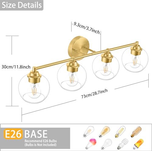 Image of Brushed Gold Bathroom Light Fixtures,4-Light Vanity Lights with Clear Glass,Mid Century Modern Bathroom Light Fixture Over Mirror