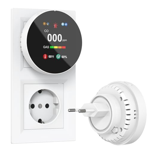 CHZHVAN Detector de Monóxido de Carbono y Gas con Enchufe, Combinado Detector de CO 4 en 1 con Sensor de Temperatura y Humedad, Alarma Sonora para Hogar y Caravana, 1 Pieza