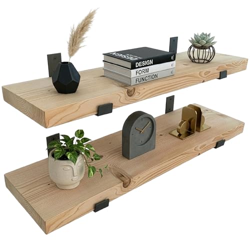 Image of Top Notch Home & Living Pack of Two Handcrafted Rustic Wooden Wall Shelves, Incl 2 Up Brackets per Shelf, Wood Shelf Made in the UK from Solid Timber, Heavy Duty for Kitchen, Bathroom & Living Room