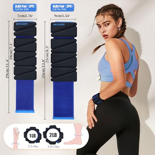 Image of BECOJADDE Ankle Weights for Women Wrist Weights Set of 2 (1 lb /2 lb Each) Adjustable Arm Leg Weight for Womens Men Suitable for Walking Swimming Running Pilates Yoga Gym