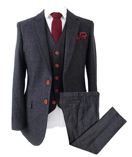 Wemaliyzd Vintage-Herrenanzug, 3-teilig, Fischgrätenmuster, Tweed, kariert, Blazer, Weste, Hose, grau dunkel, 50